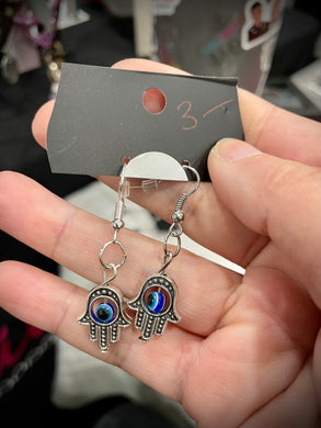 Silver and blue hamsa earrings